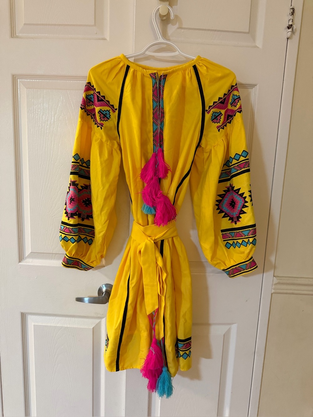 Yellow Embroidered Boho Tunic Dress with Pink & Teal Tassels